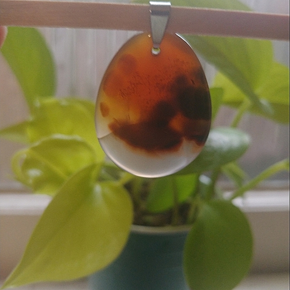 Large teardrop amber brown agate jade vintage sterling silver charm pendant bead